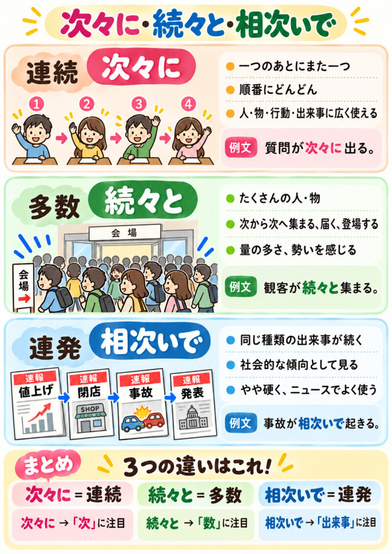 「次々に」「続々と」「相次いで」まとめ