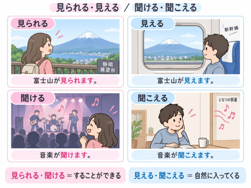 「見られる・見える」「聞ける・聞こえる」簡単比較イラスト
