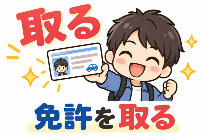 ①免許を取って喜ぶ大学生