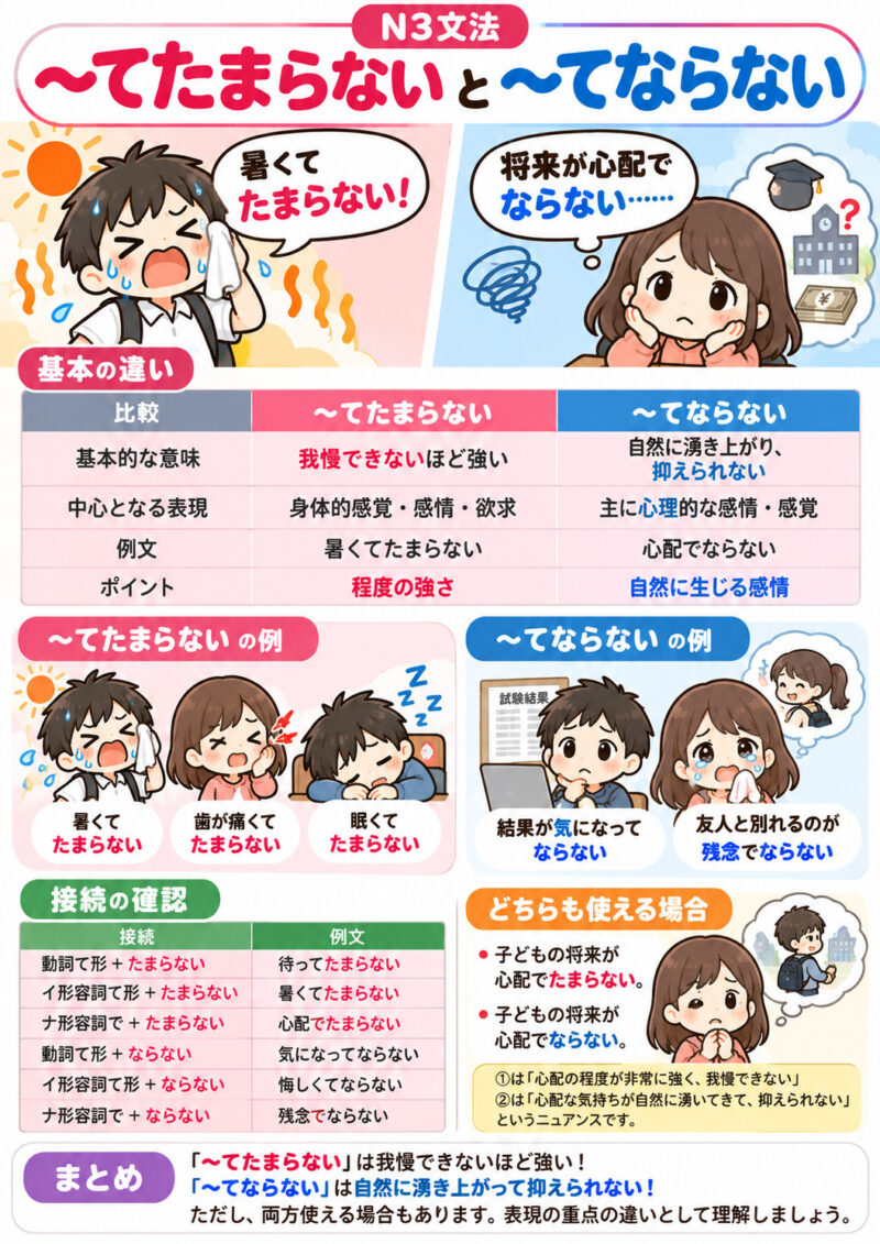 「〜てたまらない」と「〜てならない」文法比較まとめ