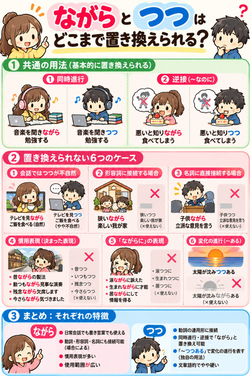 「ながら」と「つつ」まとめ